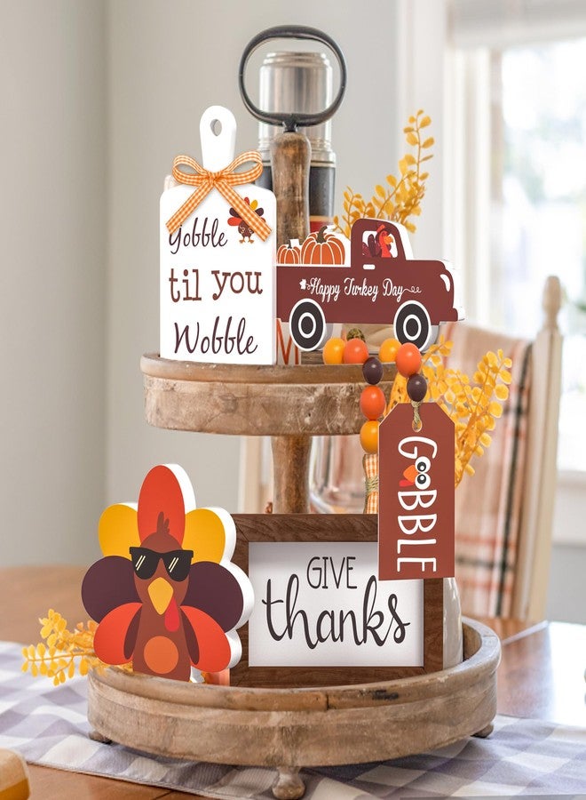 Tovwei Thanksgiving Tiered Tray Decor - Give Thanks Turkey Wooden Signs Bead Garland Table Signs Farmhouse Decorations for Thanksgiving Party Home Kitchen Office - Image 3